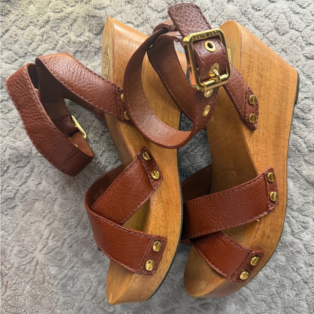Tory Burch Women's Brown Leather Wedge Sandals with Gold Hardware